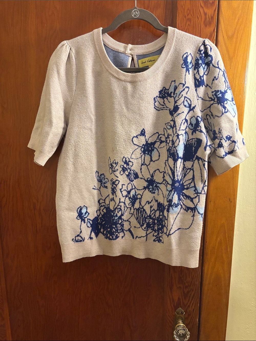 Maeve Cream Short Sleeve Sweater with Blue Floral Print